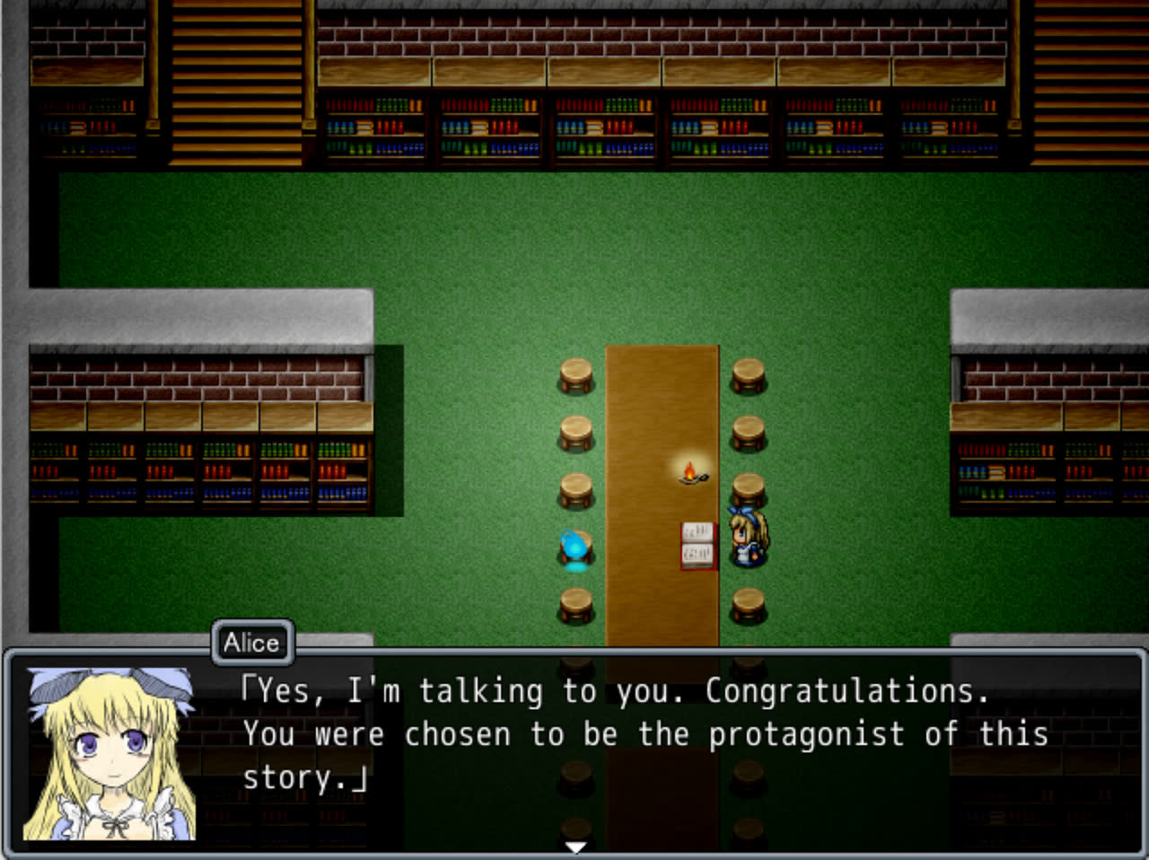 BLACK SOULS library introduction with Alice speaking to the protagonist