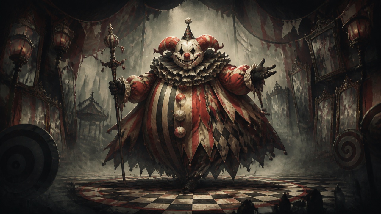 Killer Clown Gacy dark fairy-tale boss guide illustration