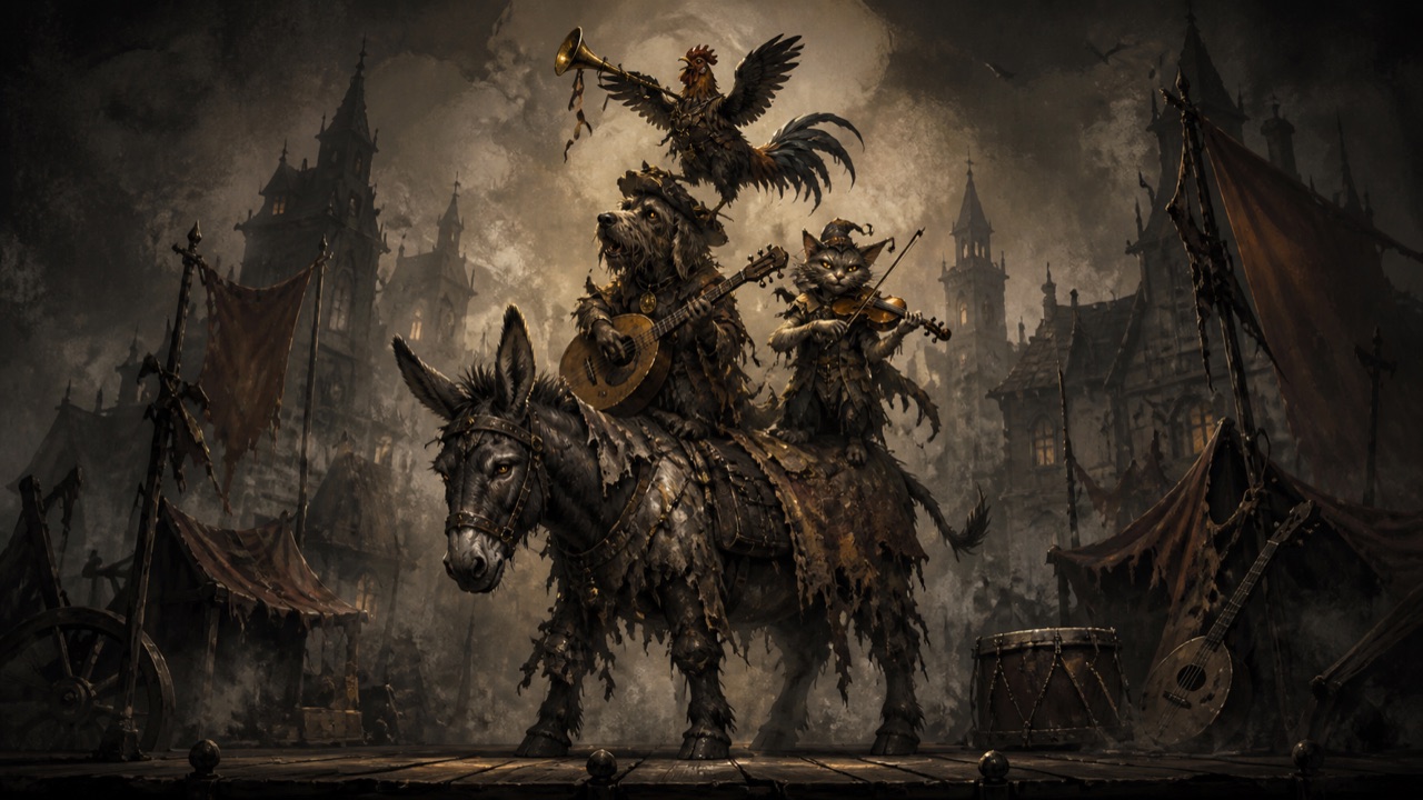 Town Musicians of Bremen dark fairy-tale boss guide illustration