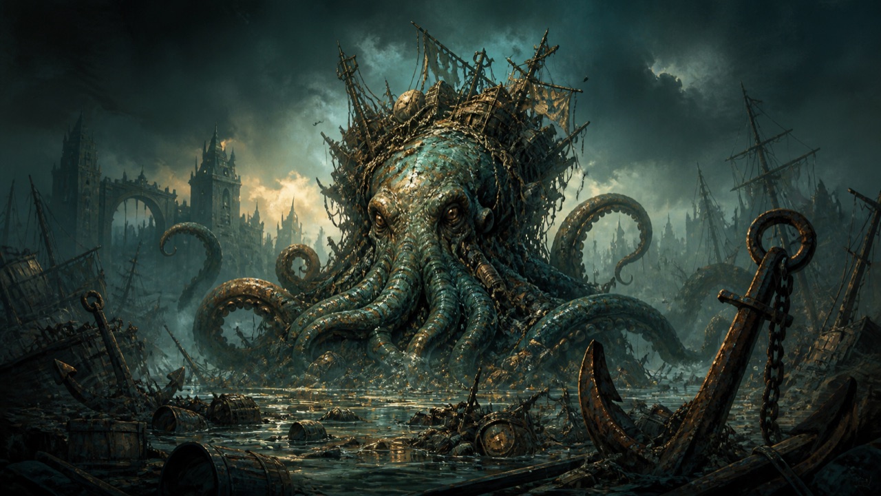 Trashlord Kraken dark fairy-tale boss guide illustration
