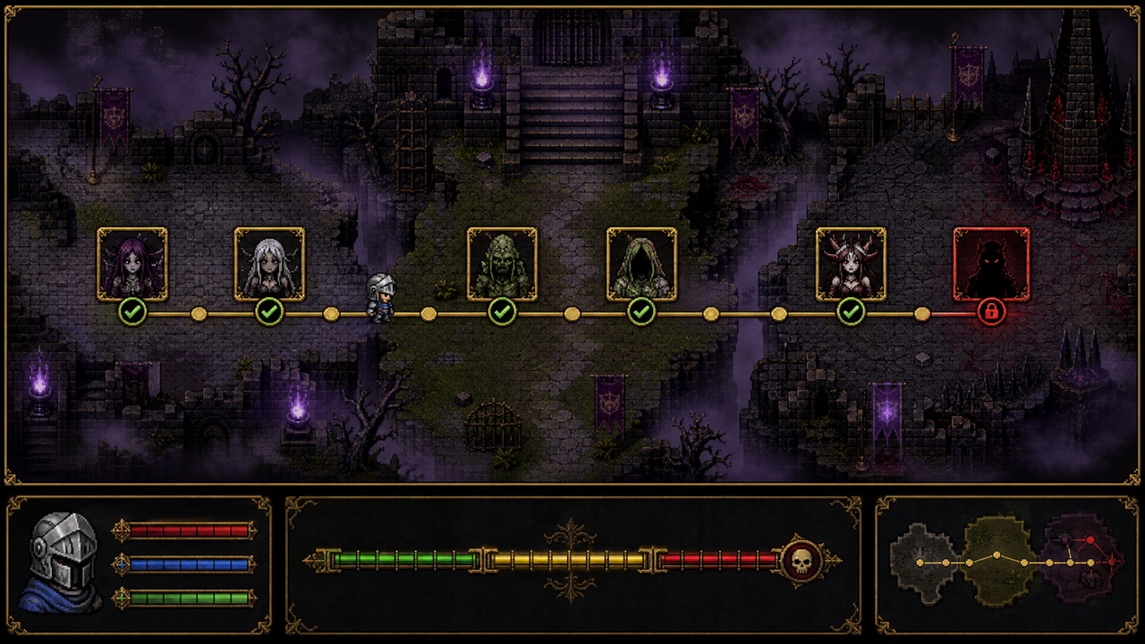 Pixel RPG boss progression route across a ruined fortress with completed and locked encounters