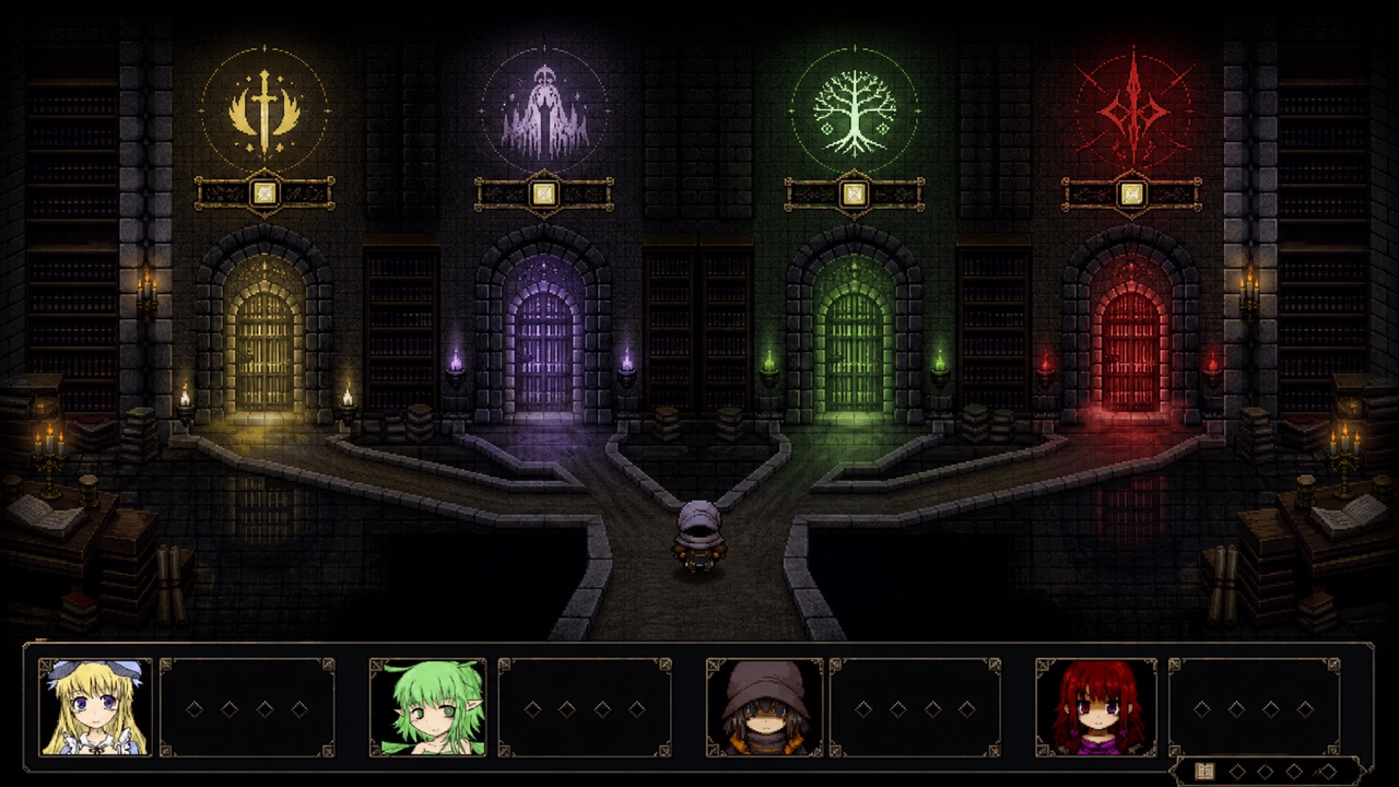 Pixel RPG ending-selection chamber with four colored route gates