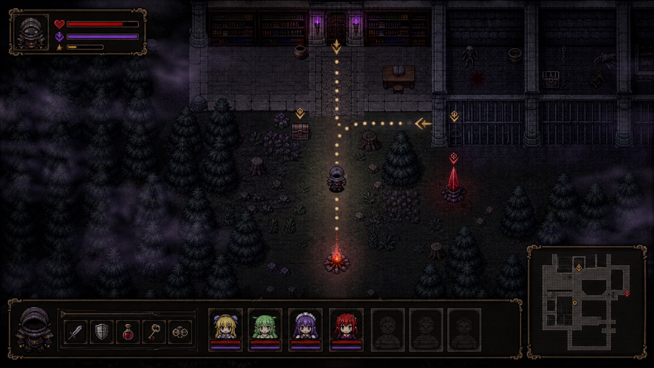 Pixel RPG walkthrough interface mapping a route from a forest checkpoint into a stone library