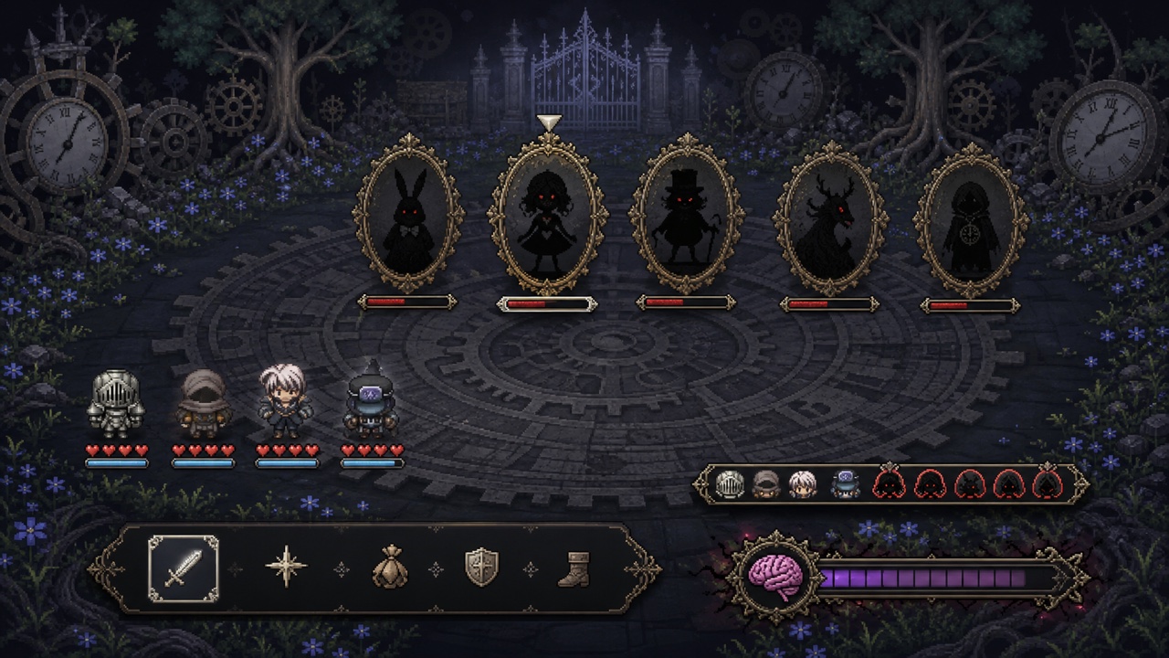 Turn-based Wonderland battle interface with a party facing five boss silhouettes
