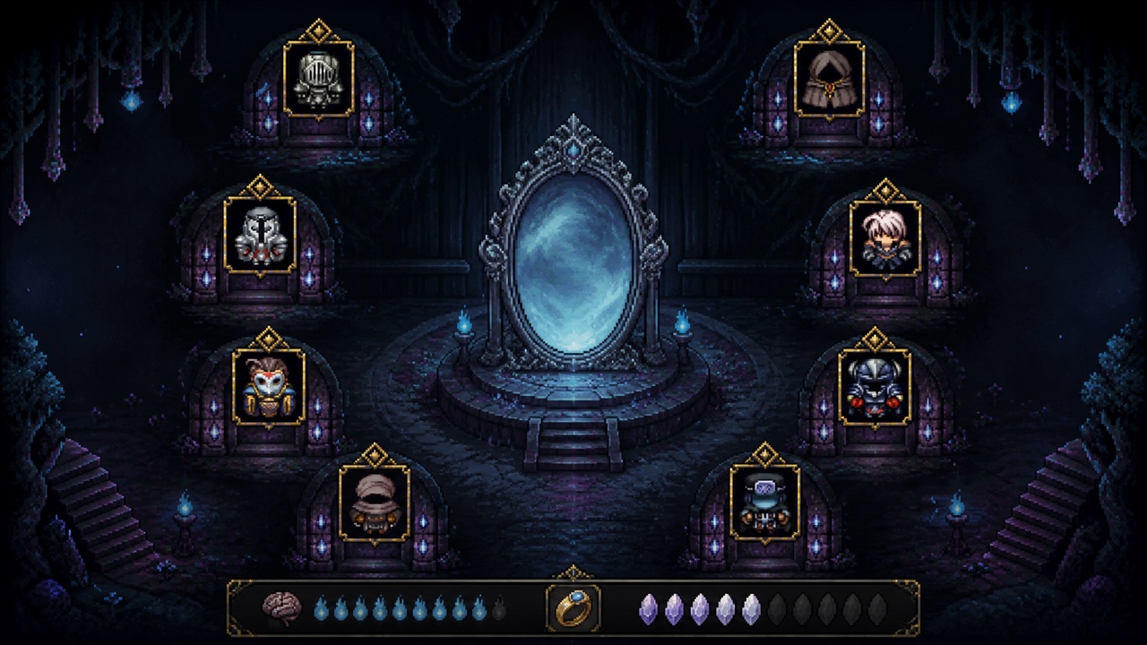 Dark Wonderland route interface with eight ending portraits surrounding a looking-glass