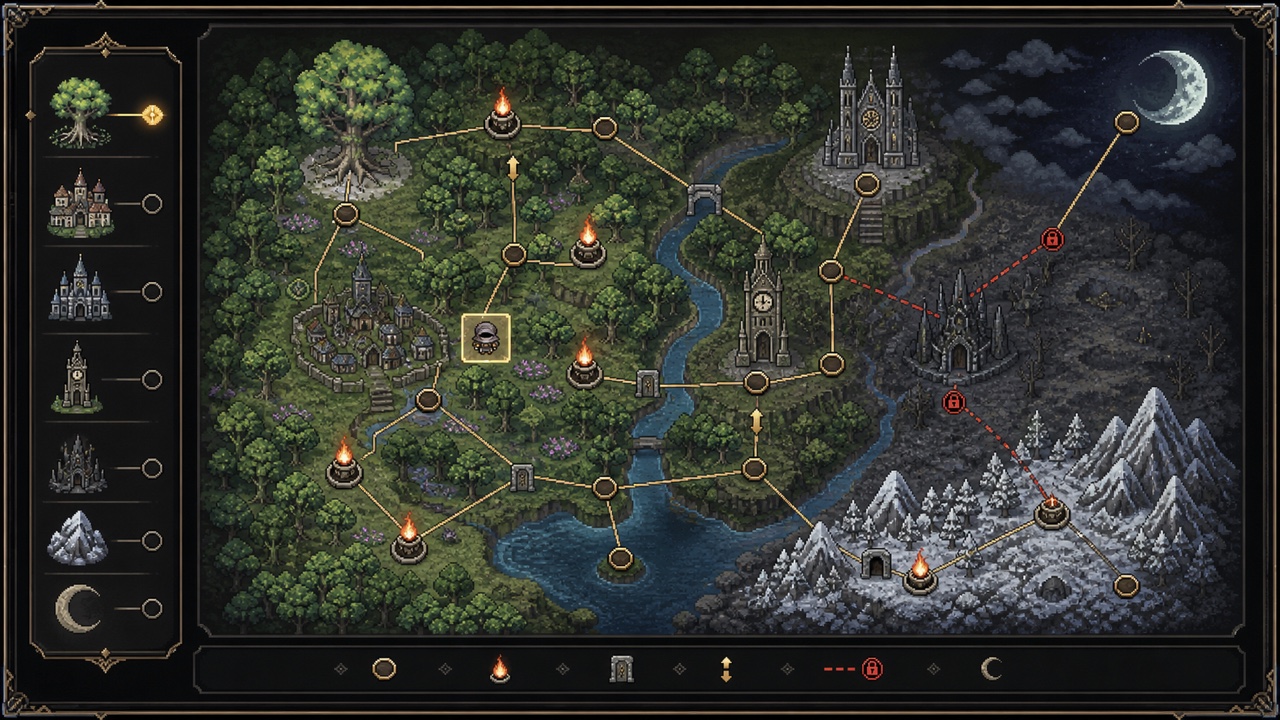 Pixel-art Wonderland world map with connected areas, bonefires and locked routes