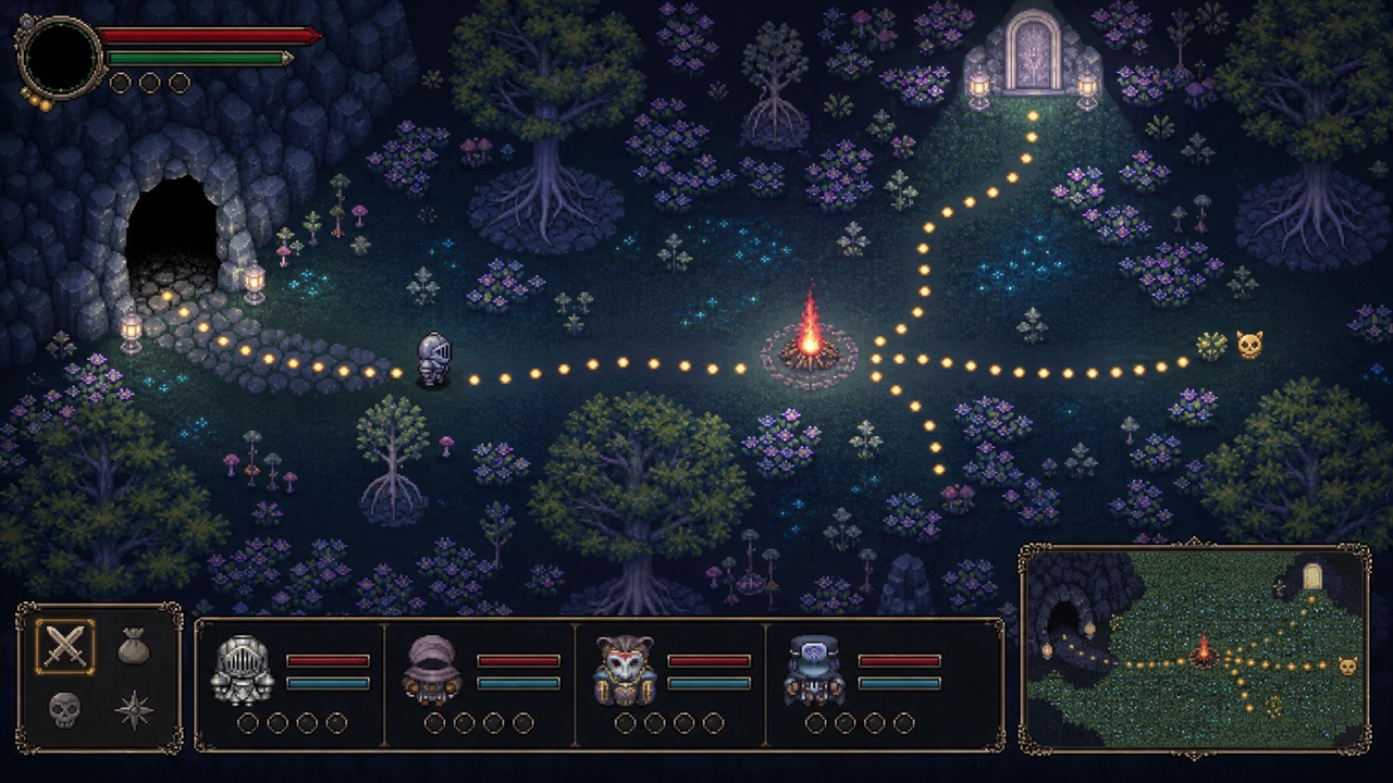Wonderland pixel RPG interface tracing a route from a cave through a flower field to a pale door