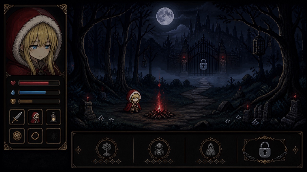 Red-hooded pixel hunter at a checkpoint facing a locked moonlit city route